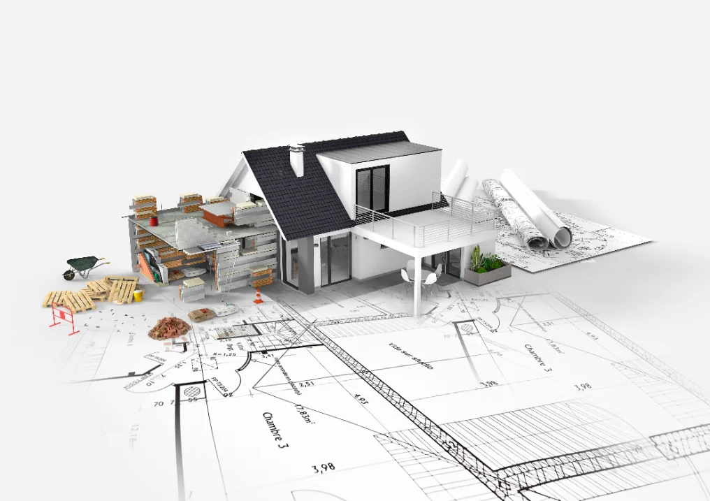Architekturmodell auf Bauplänen